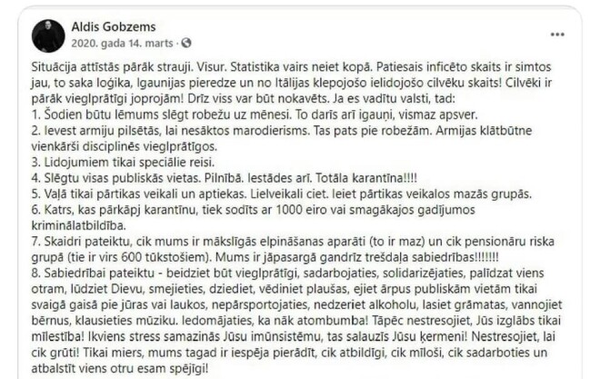 Internets neko neaizmirst – Alda Gobzema paziņojums “Facebook” 14. martā.