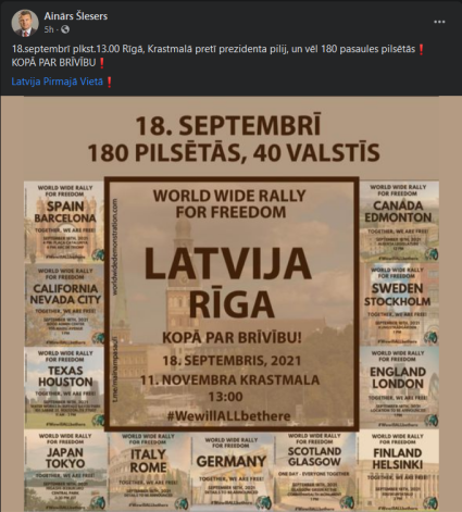 Šādi Rīgā gaidāmo protesta akciju sociālajos tīklos ir pieteicis Ainārs Šlesers.