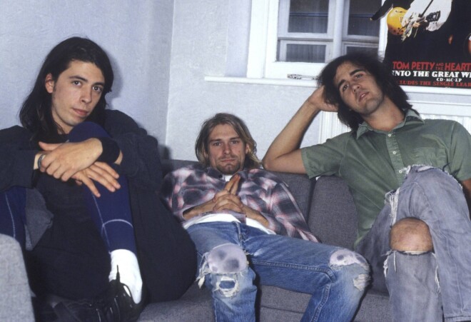 Grupas "Nirvana" dalībnieki (no kreisās) Deivs Grols, Kurts Kobeins un Krists Novoseliks 1991. gadā.