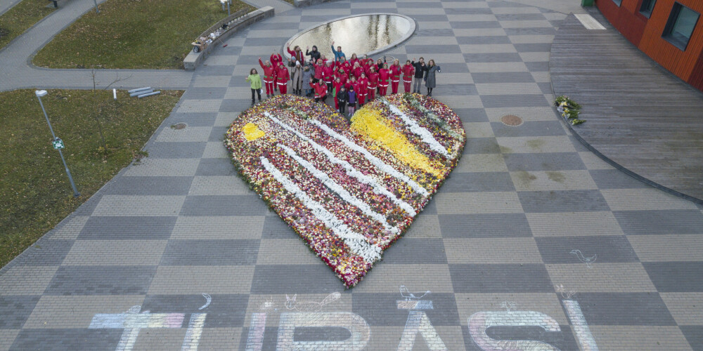 FOTO: "DEPO" medicīnas darbiniekus iepriecina ar 30 000 ziedu sirdi
