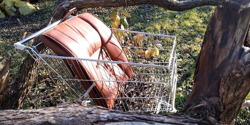 Dreiliņupītes un Dauguļupītes satekā vietējie saules brāļi ierīkojuši savu atpūtas vietu, kuru apmēbelējuši ar tuvējos lielveikalos nospertajiem iepirkumu ratiņiem.