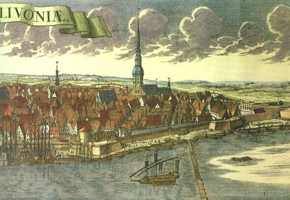 Rīgas panorāmas fragments – Svētās Pētera baznīcas tornis (vara grebums ap 1720. gadu).