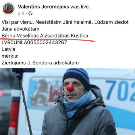 Valentīna Jeremejeva "Facebook" ieraksts, kurā viņš aicina ziedot līdzekļus Jāņa Sondara advokātam uz minēto "Bērnu veselības aizsardzības kustību".