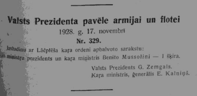 1928. gada 17. novembra Valsts prezidenta pavēle par Lāčplēša Kara ordeņa piešķiršanu Benito Musolīni.