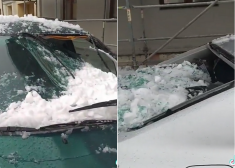 Вот как в Риге чистят крыши от снега! Оставленные под домом машины были повреждены
