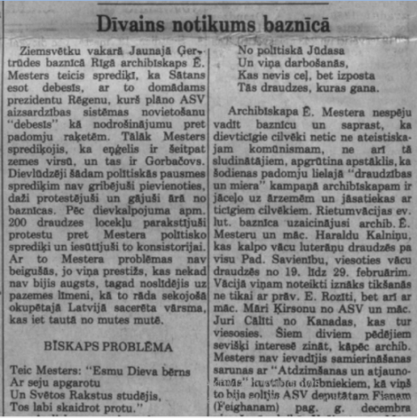 “Dīvains notikums baznīcā” (ASV iznākošais latviešu laikraksts “Laiks”, 24.02.88).