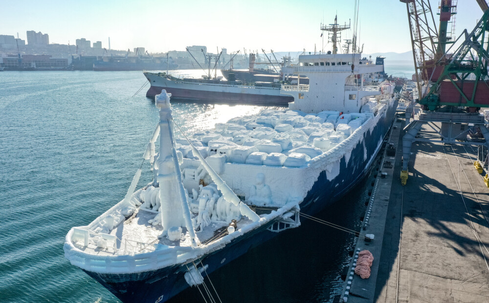 FOTO: ostā Krievijā iebrauc kuģis, bet tā vērtīgā krava - sasalusi ragā