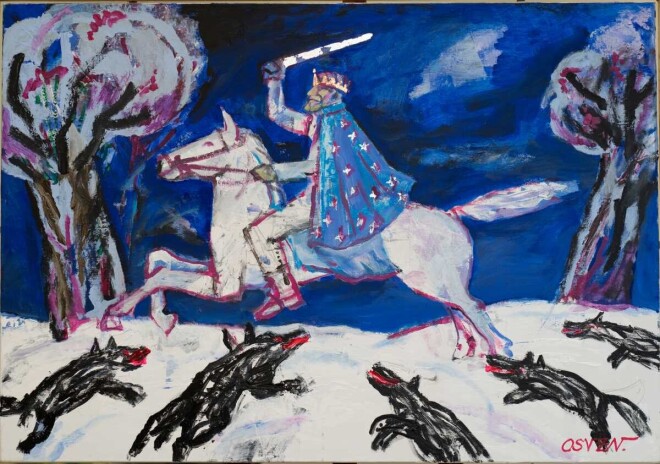 Osvalda Zvejsalnieka glezna “Karalis un vilki” (2021, eļļa/audekls).
