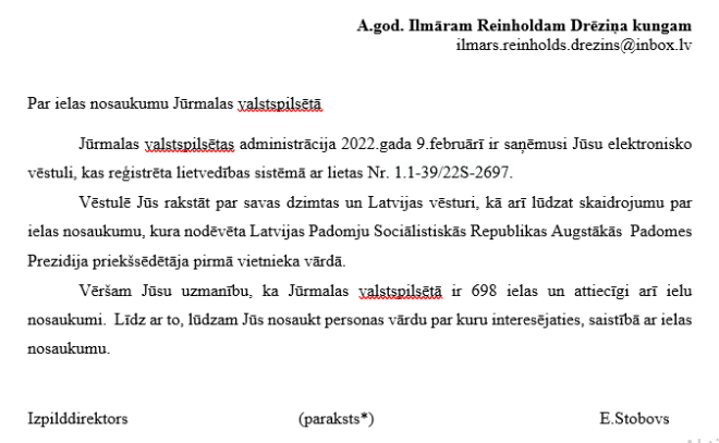 Jūrmalas izpilddirektora Edgara Stubova birokrātiskā atrakstīšanās par Andreja Upīša ielu.