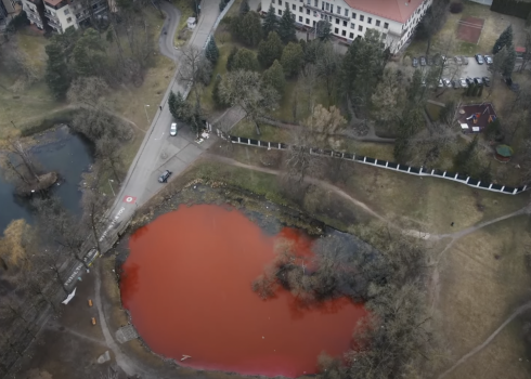 VIDEO: dīķis pie Krievijas vēstniecības Viļņā iekrāsots asins krāsā; performancē piedalās arī Meilutīte