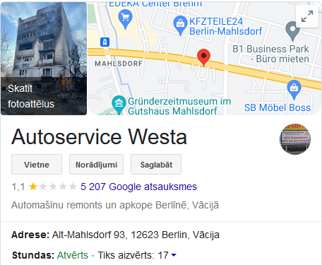 Šādi nu izskatās Krievijas okupantu atbalsta brauciena organizatoru uzņēmuma "klātbūtne" iekš "Google".