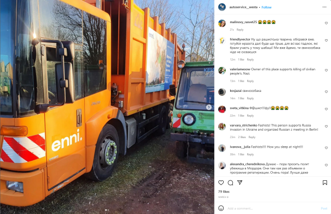 Autoservisa "Instagram" saturu arī pārpildījuši kritiski komentāri, kuros krievu biznesmeņi Vācijā dēvēti par fašistiem.
