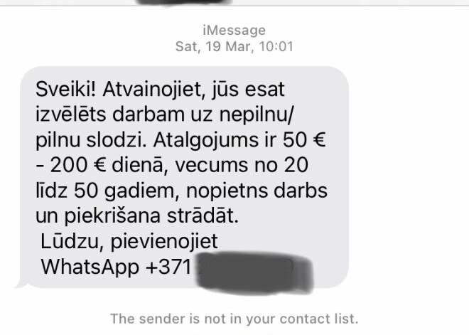 Cilvēki saņem dīvainas īsziņas ar piedāvājumu nopelnīt 50-200 eiro dienā