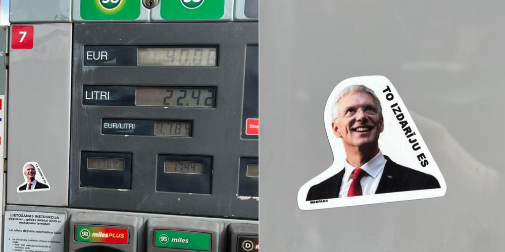 "Это сделал я": на бензоколонках возле цен за литр топлива красуются наклейки с самодовольным Кариньшем
