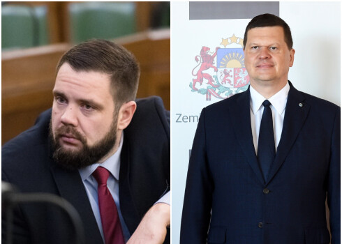 No ceturtdienas, 19.maija, līdzšinējā ekonomikas ministra Jāņa Vitenberga (pa kreisi) amata pienākumu pildīšana uzticēta zemkopības ministram Kasparam Gerhardam (pa labi). 