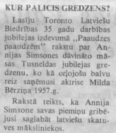 Pēc 20 gadus “aizmirstības” 1983. gada novembrī “Latvija Amerikā” atceras par briljanta Skatuves balvu.