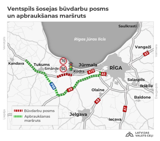 "Latvijas Valsts ceļi" aicina izmantot citus maršrutus.