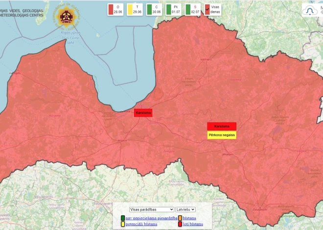Ekstremālā karstuma dēļ joprojām spēkā sarkanais brīdinājums
