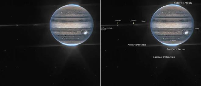 Šie attēli, kas iegūti no NASA un uzņemti ar Džeimsa Veba kosmosa teleskopu, parāda Jupiteru plaša lauka skatā, parādot planētu ar tās vājajiem gredzeniem, kas ir miljons reižu bālāki par planētu, un diviem maziem pavadoņiem, ko sauc par Amalteju un Adrastea.