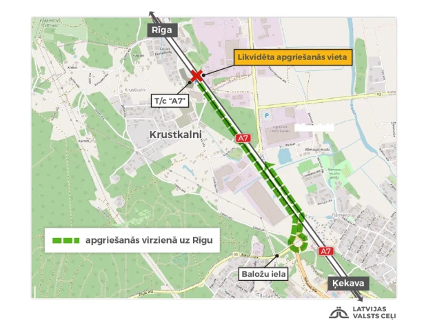 Uz Bauskas šosejas (A7) pie tirdzniecības centra A7 (7,78. km) tiks slēgta apgriešanās vieta virzienā uz Rīgu.