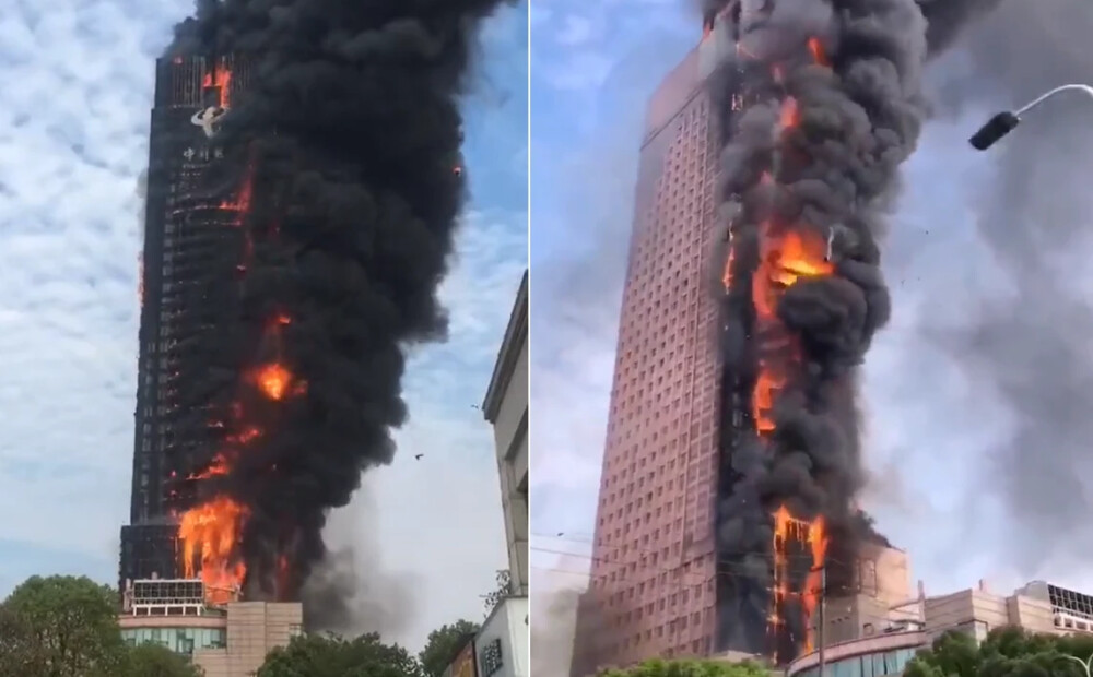 VIDEO: liesmas Ķīnā aprijušas 42 stāvus augstu debesskrāpi