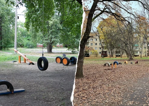 Gada laikā no vecām riepām izveidotais bērnu rotaļu laukums Juglā, Malienas ielā, pārvērties līdz nepazīšanai, uz slikto pusi.