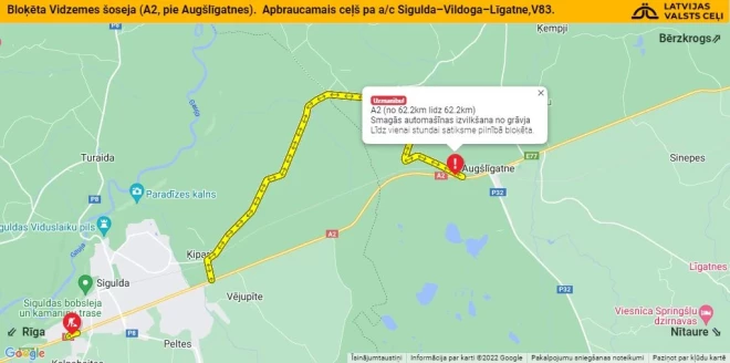  Apbraukšana iespējama pa vietējo autoceļu Sigulda–Vildoga–Līgatne (V83).