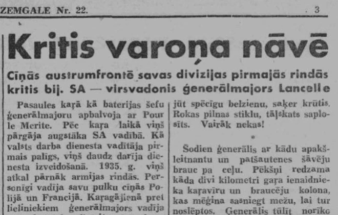 1941. gada 24. jūlijā Jelgavā iznākošā “Nacionālā Zemgale” raksta par Otto Lancelles varonīgo nāvi.