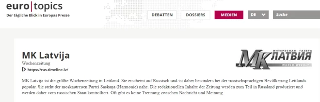 Vācijas Iekšlietu ministrija brīdina, ka Rīgas krievu laikraksts “MK Latvija” ir Putina režīma rupors Latvijā.