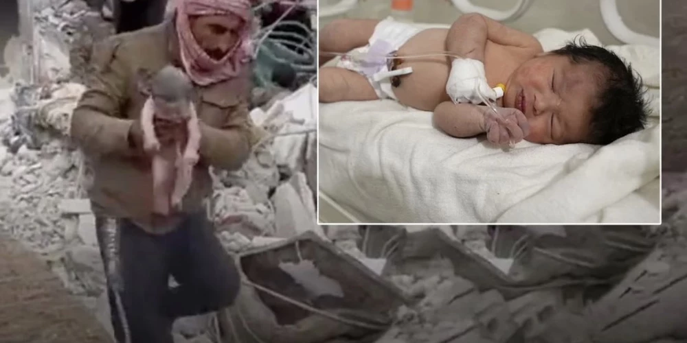 VIDEO: zem drupām Sīrijā dzīvu atrod jaundzimušo. Viņu ar mirušo mammu joprojām vienoja nabassaite