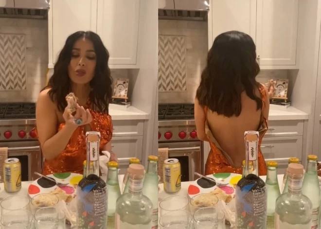 Ты не ты, когда голоден! Сальма Хайек развеселила видео, на котором в расстегнутом платье ест руками после "Оскара"