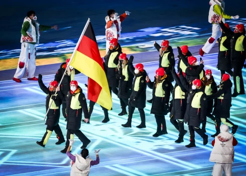 Vācijas delegācija Pekinas olimpisko spēļu atklāšanas ceremonijā.