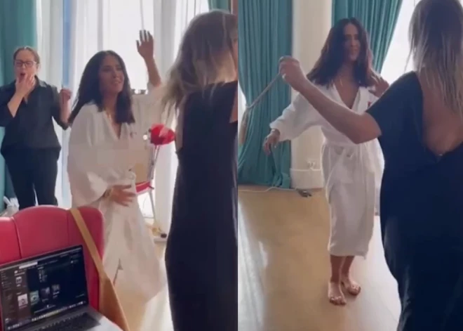 ВИДЕО: Сальма Хайек пустилась в пляс в халате и не избежала пикантного конфуза