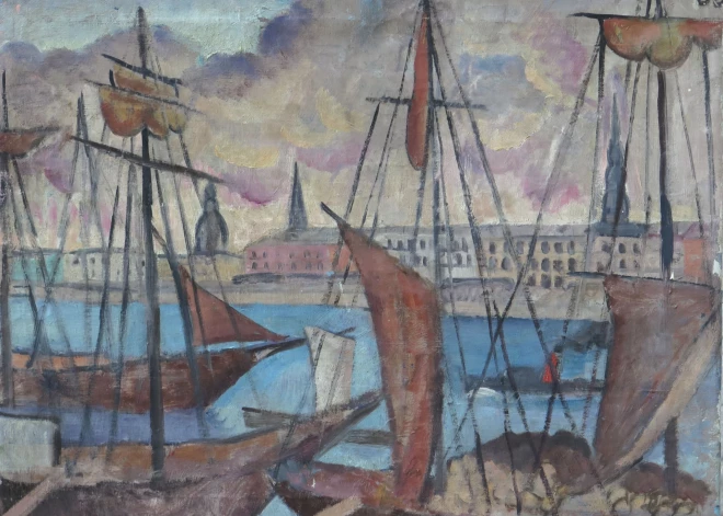 Jāzepa Grosvalda (1891 - 1920) “Rīga ar burukuģiem” (1914, audekls/eļļa, 54,5x67,5 cm) pirmdienas rītā novērtēta par 8000 eiro. 