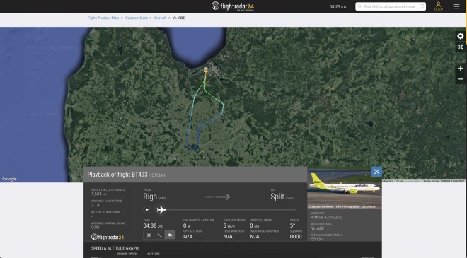 Рейс BT493 совершает разворот над Литвой, чтобы вернуться обратно в Ригу. (Фото: скриншот  Flightradar24.com)