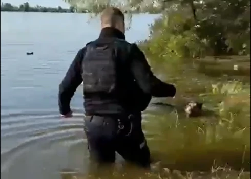 Nofilmētajā materiālā redzams, kā ukraiņu policisti dodas pie kāda sunīša, kuram ūdens teju jau smeļas mutē.