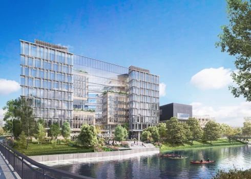 На крыше пятого этажа многофункционального центра появится первое в Балтии футбольное поле, окруженное зелеными террасами и кафе.