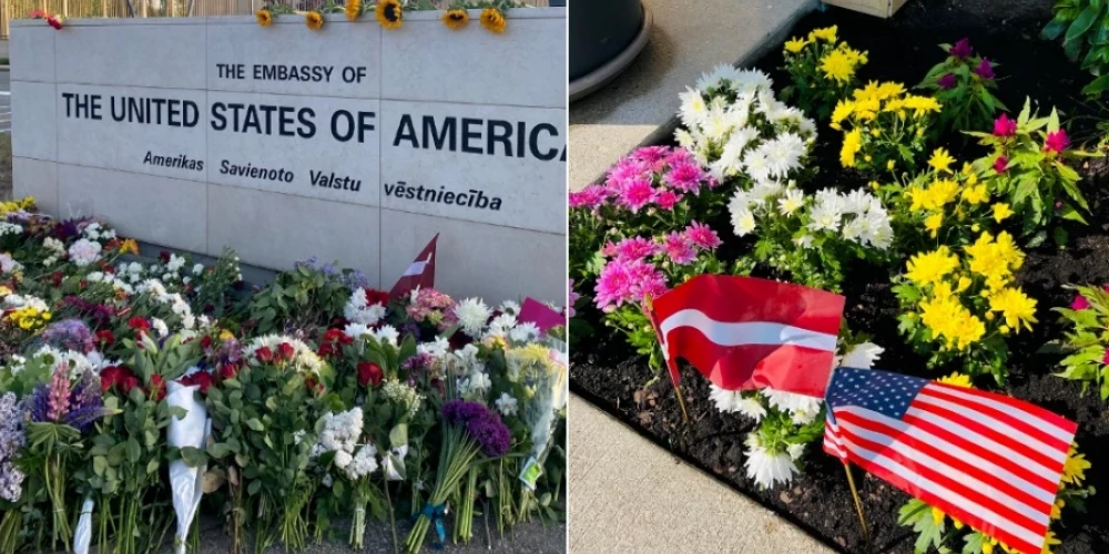 ФОТО: в саду посольства США высажены цветы хоккейных фанатов, принесенные в день исторической бронзы сборной Латвии