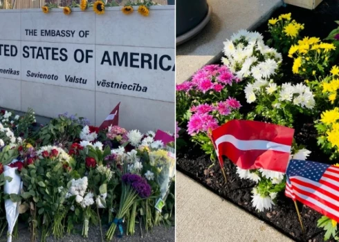 ФОТО: в саду посольства США высажены цветы хоккейных фанатов, принесенные в день исторической бронзы сборной Латвии