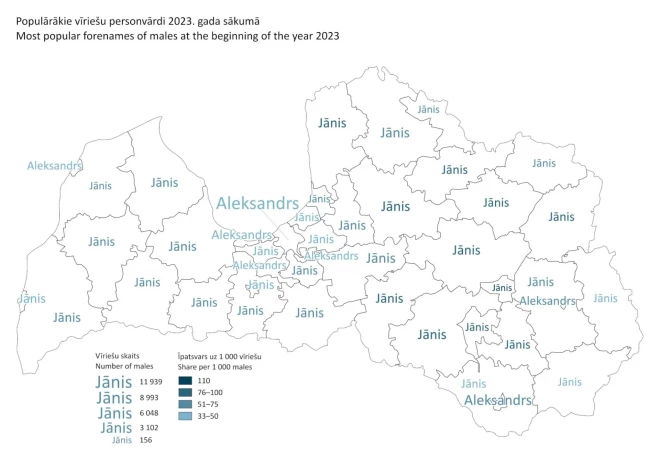 Самые популярные мужские имена в Латвии на начало 2023 года. (Фото: Центральное статистическое управление)
