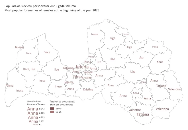 Самые популярные женские имена в Латвии на начало 2023 года. (Фото: Центральное статистическое управление)