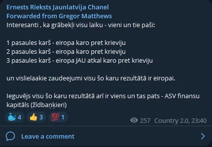 Rieksta "jaunlatvijas" sociālajos tīklos ne bez šķipsnas antisemītisma. Kādā no ierakstiem prātots par pasaules kārtību un ASV finanšu kapitāla, jeb "žīdbaņķieru" lomu tajā.