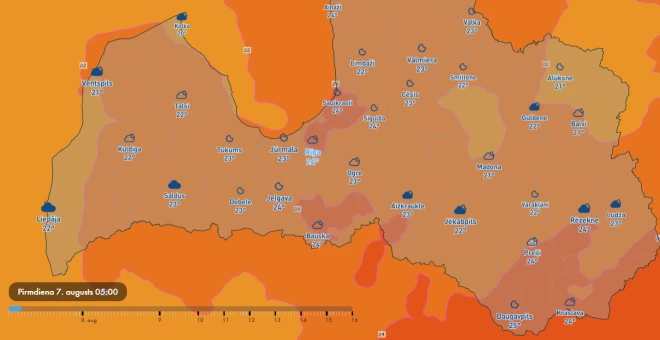 Laika prognoze plkst. 5 (ekrānuzņēmums no "meteo.lv")