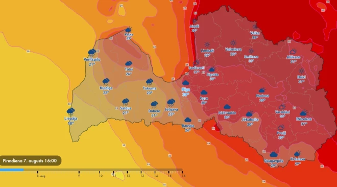 Laika prognoze pēcpusdienā (ekrānuzņēmums no "meteo.lv" vietnes)