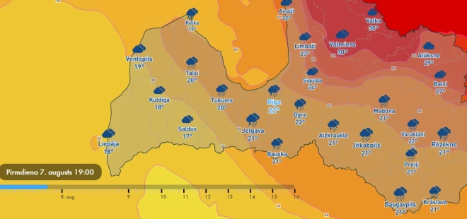 Laikapstākļi vakarpusē (ekrānuzņēmums no "meteo.lv" vietnes)