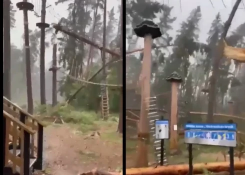 ВИДЕО: буря разрушила парк препятствий "Тарзан" в Тервете; владельцы сообщили о его временном закрытии