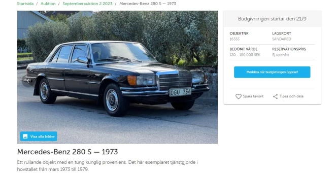 Zviedrijas karaļa mersedess (ekrānuzņēmums no izsoļu nama "Bilweb" mājaslapas)