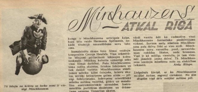 Nedēļas žurnāls “Laikmets” 1943. gada 15. oktobrī stāsta par lielfilmu “Minhauzens”.