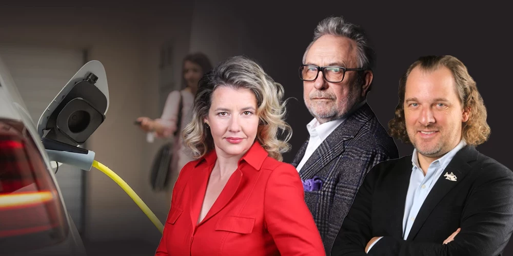 Dana Reizniece-Ozola, Pēteris Šmidre un Andris Bite vērtē elektroauto priekšrocības.
