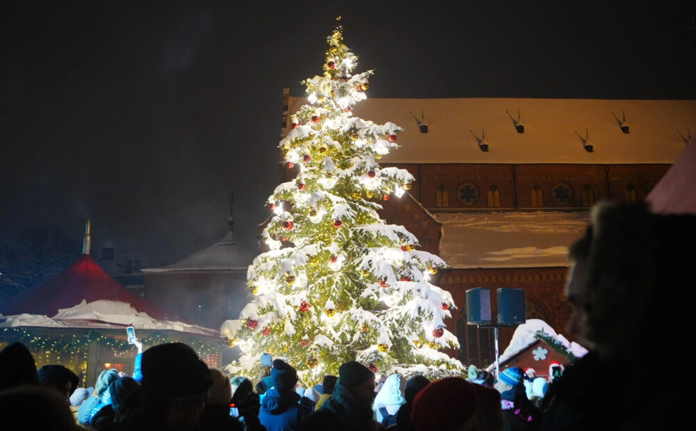 FOTO: cilvēki Doma laukumā un Rātslaukumā sapulcējas, lai iedegtu pilsētas Ziemassvētku egles